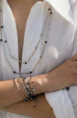 COLLAR TUBOS PLATA 925 Y PIEDRAS LARGO